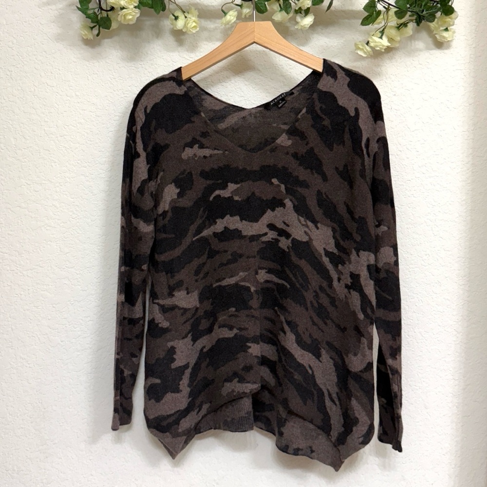 Acrobat • Camouflage V Neck Wool Blend Comfy Cozy Long Sleeve Tunic Sweater
